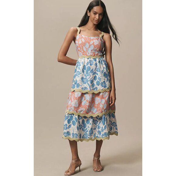 Farm Rio x Anthropologie Linen Blend Tiered Rickrack Midi Dress Size Medium - Picture 1 of 5